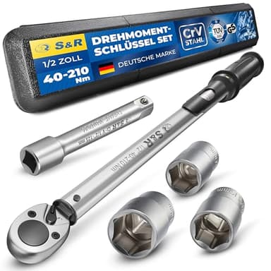 S&R Drehmomentschlüssel Set 40-210 Nm - Präzises Automobil-Werkzeug für Radwechsel mit Umschaltknarre, Stecknüssen & Verlängerung im robusten Koffer, 1/2-Zoll-Verlängerung
