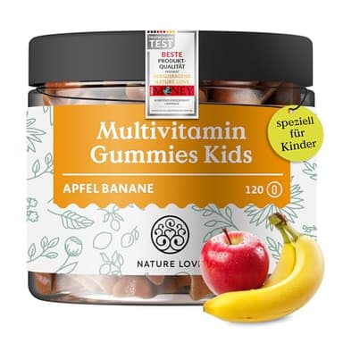 NATURE LOVE® Multivitamin Gummies Kids – 120 Stück – ohne Zuckerzusatz – Mit Vitamin A, B1, B3, B6, B7 (Biotin), B12, E und Jod – Vitamine für Kinder als Gummibärchen – vegan und laborgeprüft