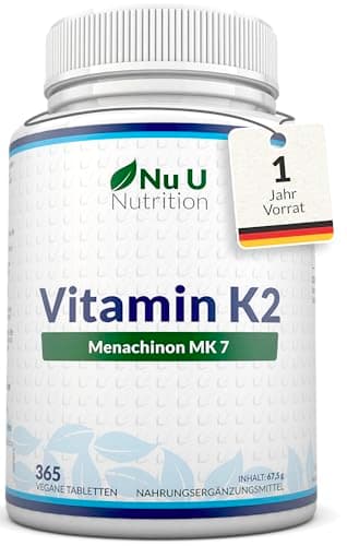 Vitamin K2 MK7 200µg - 365 vegane Tabletten, keine Kapseln - 12 Monate Vorrat - 200mcg pro Tablette - Vit K2 MK-7 Menaquinon hochdosiert - Nu U Nutrition
