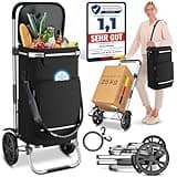 maxVitalis Einkaufstrolley klappbar, Einkaufswagen mit Kühlfach, 3in1 Trolley, Sackkarre & Umhängetasche, Einkaufsrollwagen, Shopping Trolley 43L Kapazität & Spanngurt, Hackenporsche Schwarz