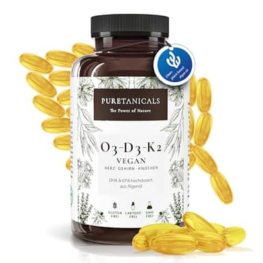 PURETANICALS Omega 3 VEGAN + Vitamin D3 + K2 MK7 All-Trans | 180 Kapseln hochdosiert Premium Essentials O3-D3-K2 - Algenöl mit essentiellen EPA & DHA Fettsäuren | Algen Öl Omega3 Algae Oil Tropfen