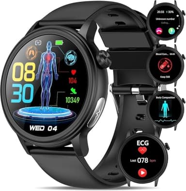 2026 Neue Smartwatch mit EKG+HRV blυtdrυckmessυng ΒΙυτｚυcker 1,39"rund Gesundheitsuhr ΒΙutdrυck Uhr/BMI//Hαrnsäure/Telefon/SOS-Taste 24H Herzfrequenz SPO2 Schlaf/Apnoe-Monitor Stress Damen Herren