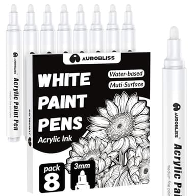 Aurobliss Acrylstifte Weiß 8 Stück, Wasserfester Stift Weiß für Holz, Kunststoff, Stein, Kleidung, Stoff, Papier, Grabstein, Reifen Permanent Marker 2-3mm Fein