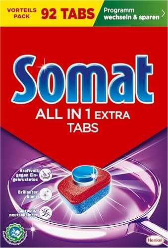 Somat All in 1 Extra Spülmaschinen Tabs (92 Tabs), Geschirrspül Tabs für strahlend sauberes Geschirr auch im Kurz- & Eco-Programm, entfernt Eingekrustetes und sorgt für brillanten Glanz