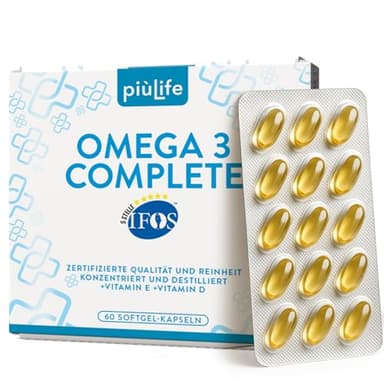 Omega 3 IFOS 5 Sterne Zertifiziert Mit Vitamin D3 und E PiùLife – 60 Softgel – Fischöl EPA DHA 800 mg & 400 mg pro Tagesdosis – Fish Oil Omega 3 kapseln hochdosiert – Herz, Gehirn, Augen, Knochen