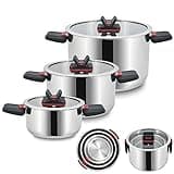 Linnuo Sma-Line 3tlg Topfset Induktion Kochtopf Set Edelstahl Töpfe mit Glasdeckel mit klappbaren Kunststoff-Griffe, Kochgeschirr Induktion, stabiler Boden für alle Herde induktionsgeeignet