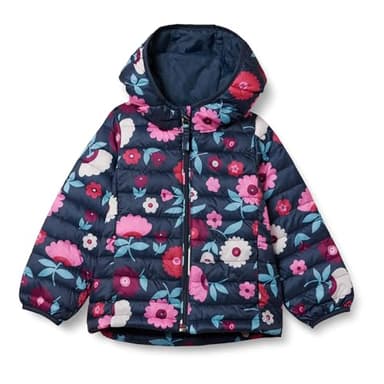 Amazon Essentials Mädchen Leichte, Wasserabweisende, verstaubare Kapuzenjacke, Marineblau Floral, 4 Jahre