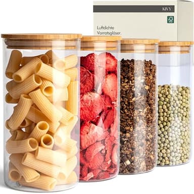 KIVY Vorratsgläser mit Deckel Luftdicht [4x 1200ml] - Vorratsdosen Glas mit Deckel - Glasbehälter mit Deckel - Müsli Aufbewahrung Küche - Vorratsglas mit Holzdeckel - Vorratsbehälter Glas Bambus