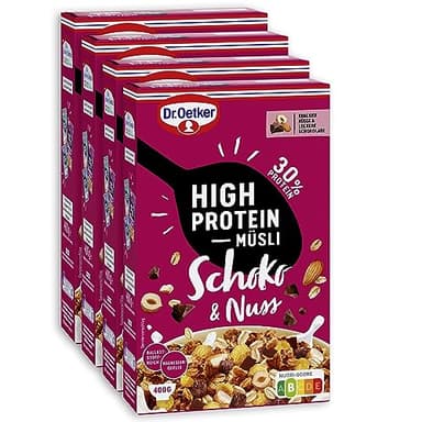 Dr. Oetker High Protein Müsli Schoko & Nuss 4er Pack Müsli aus wertvollen Flocken, Protein Cerealien, knackigen Nüssen und Zartbitterschokolade