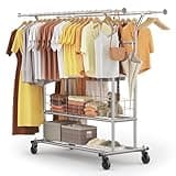 HOKEEPER Schwerlast Kleiderständer auf Rollen, Doppelter Kleiderstange, bis 283 kg belastbar, Industrie-Design, Garderobenständer mit Ablage& Wäschekorb,ausziehbare Länge und Höhe,Chorm