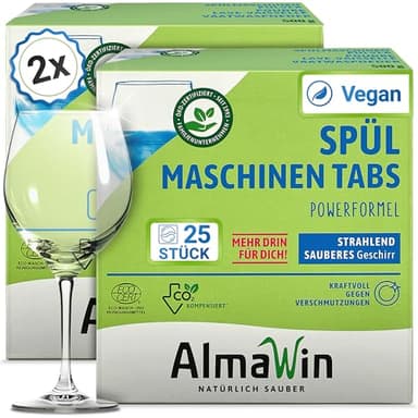AlmaWin® Spülmaschinentabs [2x 25 Stück] mit Powerformel für strahlend sauberes Geschirr - Öko Spülmaschinentabs für leichte Dosierung - Kraftvolle Geschirrspültabs - Ohne Phosphat, Bio & VEGAN