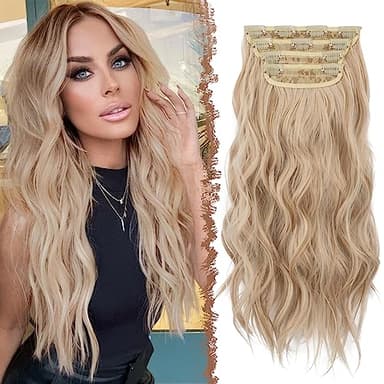 FESHFEN Clip in Extensions, 4PCS Haarverlängerungen mit Clips Synthetik Gewellte Haarextension Honigblond Gemischt Platinblond Wavy Wellig Haar Extensions Clip in Haarteil für Frauen 50 cm