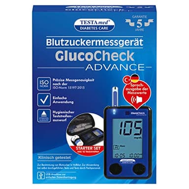 TESTAmed Glucocheck Advance Blutzuckermessgerät, Starter Paket inkl. Teststreifen und Lanzettengerät, Sprachausgabe, geringe Folgekosten