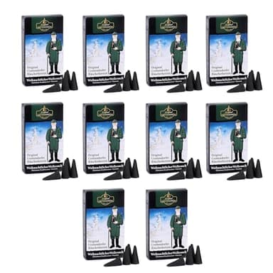 Crottendorfer Räucherkerzen Weihnachtlicher Weihrauch 10er Pack (10 x 24 Stück) – Kräftiger Weihrauch vermischt mit exquisiter Vanillenote – Höhe 2,7cm, Ø 1,2cm – 15 Min. Brenndauer pro Räucherkegel
