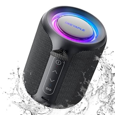 Deeyaple Bluetooth Lautsprecher Klein Tragbarer Musikbox 5.3 IPX7 Wasserdicht Kabellose Stereo Pairing Freisprech RGB Licht für Outdoor Camping Garten Party Reise 50% Lautstärke12H Wiedergabe Schwarz