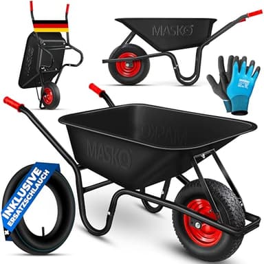 MASKO® Schubkarre Bauschubkarre Gartenschubkarre 100 Liter 250kg Luftreifen mit Stahlfelge + Ersatzschlauch Schubkarrenschlauch, verzinkt Stahlrahmen Garten Karre Schiebkarre Transportkarre Handschuhe
