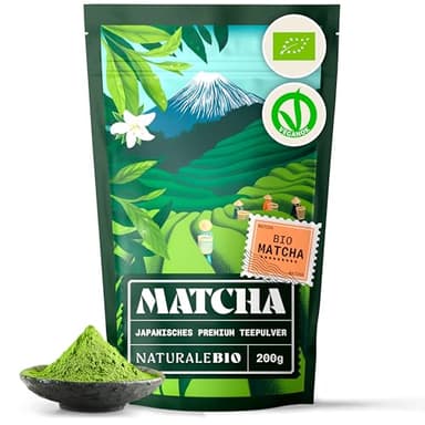 NaturaleBio Matcha Tee Pulver Bio - Premium-Qualität - 200g. Original Green Tea aus Japan. ideal zum Trinken. Grüntee-Pulver für Latte, Smoothies, Matcha-Getränk. Hergestellt in Uji, Kyoto.