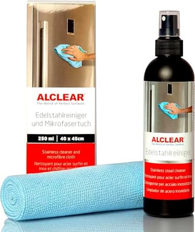 ALCLEAR 721ER Edelstahlreiniger Set + Mikrofasertuch - Reiniger für Edelstahlflächen, streifenfrei fettlösend für Küche, Kühlschrankfront, Dunstabzug & mehr – Reinigung ohne Politur – Made in Germany