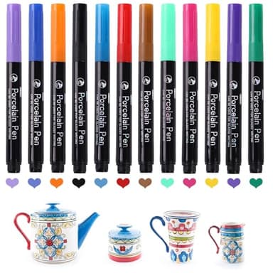 Honosen 12 Stück Porzellanstifte Spülmaschinenfest, Porzellanstifte Set, Farben Wasserfeste Keramikstifte, Spülmaschinenfest für Keramik Bemalen Glas Stein Porzellan Bemalen & Glas Designkreationen