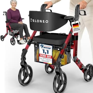 ELONEO 2 in 1 Rollstuhl Rollator faltbar und leicht mit Sitz, Outdoor Rollator Rollstuhl faltbar leicht für alle Gelände, Aluminium Gehhilfe für Senioren mit Netztasche, Transport-Rollstuhl, rot