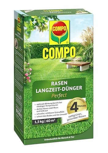 COMPO Rasendünger mit Langzeitwirkung - Keine Chance für Moos und Unkraut – 1,5 kg für 60 m² - COMPO Rasen Langzeit-Dünger Perfect