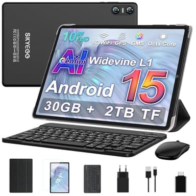 SKYEGG Android 15 Tablet 10 Zoll mit Gemini AI, 30 GB RAM + Erweiterbar auf 2 TB ROM, Widevine L1, 5G WLAN, 6000mAh, Octa-Core, 5MP + 8MP, BT 5.0, Tablet mit Tastatur + Maus, Schwarz