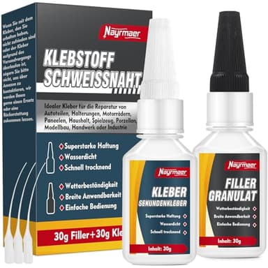 2K Sekundenkleber Extra Stark mit Filler, Wasserfest Schweißnaht Kleber für Kunststoff, Gummi, Stein, Keramik, Metall, Holz uvm.