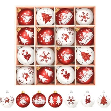 Arbolisse Weihnachtskugeln Kunststoff Christbaumschmuck,16PC Christbaumkugeln Weihnachtsbaumschmuck Deko Weihnachten, Rot Weiß Weihnachtsdeko, Weihnachtsbaum Kugeln mit Schlüsselband
