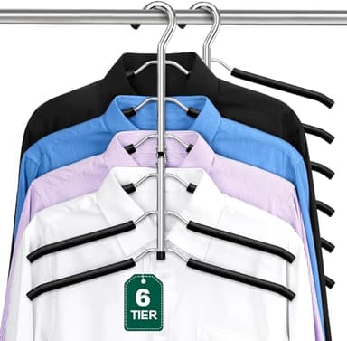 ZriEy 6-Stufiger Platzsparender Kleiderbügel - Zusammenklappbar, Rutschfest mit Schaumstoff Polsterung, Metallbügel, Schrank-Organizer und Aufbewahrung - 2er Packung