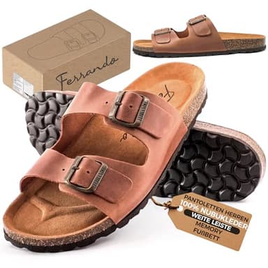 Pantoletten Herren Nubukleder Sandalen Fußbett Hausschuhe Schlappen Latschen Flip Flops Pantoffel Gartenschuhe Sommer Freizeit Atmungsaktiv Anatomisch Memoryeffekt Naturkork Bio Nikelfrei Rutschfest