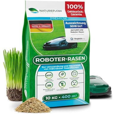 Mähroboter Rasensamen schnellkeimend 10kg TEST SEHR GUT - Roboter Grassamen Made in Germany - Für pflegeleichten Garten mit Natureflow Rasensaat