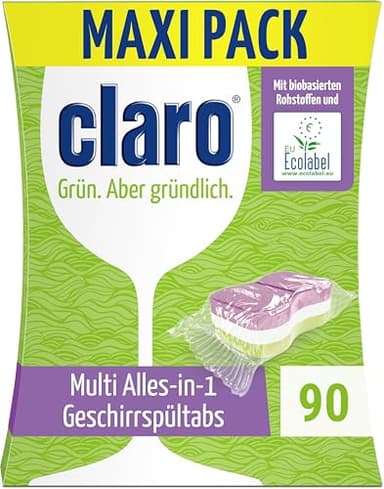 claro Multi All-in-1 Geschirrspül-Tabs - 90 Spülmaschinen-Tabs - phosphatfrei, umweltfreundlich & vegan - wasserlösliche Folie