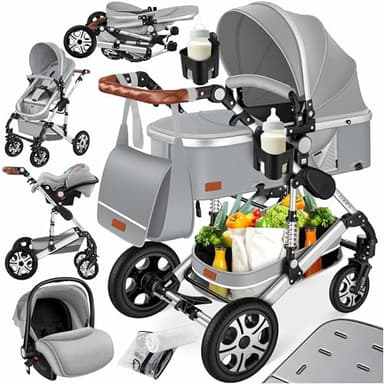 KESSER® Loops 4 in 1 Kinderwagen Kombikinderwagen Komplett-Set inkl. Babywanne & Buggy Sportsitz & Auto-Babyschale Voll-Gummireifen Wickeltasche Regenschutz Kindertisch ECE R129, Grau/Silber