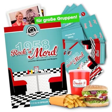 1958 Rock’n’Mord – Krimidinner Partyspiel für 8–16 Personen | Rock’n’Roll 50iger Jahre American Diner | Gesellschaftsspiel für Erwachsene, Dinnerparty & Spielabend Silvester, Weihnachten, Geburtstag
