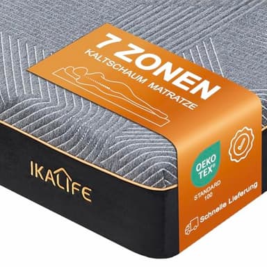 IKALIFE 7-Zonen Matratze Kaltschaum Kaltschaummatratze 90 x 200 cm, Gel Memory Foam Mattress, H3 Mittelfest Super Weich, 20 cm Hoch, Oeko-TEX 100 Zertifiziert, Atmungsaktive Rollmatratze, Schwarz