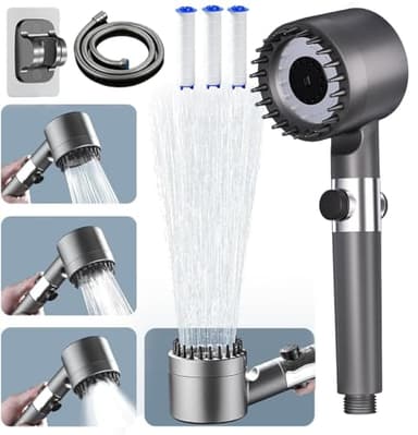 Duschkopf mit Filter, Hochdruck Handbrause mit Schlauch, 4 Strahlarten Duschkopf Wassersparend mit Filtration, shower head für Hartes Wasser,Rest-Chlor,Bakterien, Schwermetall, Grau