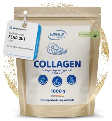 Collagen Pulver 1 kg – Kollagenhydrolysat Peptide Typ I, II & III – Geschmacksneutrales Eiweißpulver – Made in Germany – Wehle Sports (1000g (1er Pack)) - Verpackung kann variieren.