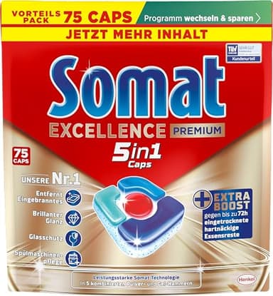 Somat Excellence Premium 5in1 Caps (75 Caps), schnellauflösende Spülmaschinentabs mit Extra Boost auch im Niedrigtemperatur-, Kurz- & Eco-Programm, entfernen selbst 72 h eingetrocknete Essensreste