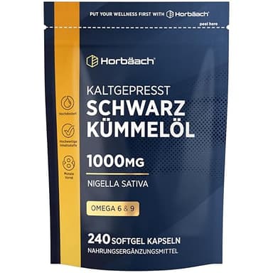 Schwarzkümmelöl Kapseln 1000mg pro Stk | Kaltgepresst | 8 Monate Vorrat - 240 Stück | Omega 6 9 | Nigella Sativa | Black Seed Oil | Horbaach