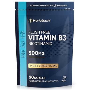 Vitamin B3 Niacin | Hochdosiert 500mg Nicotinamid pro Kapsel | 90 VEGANE Flush Free Kapseln | Hochdosiert Nicotinamide Supplement | Haut - Nerven - Energie | Horbaach
