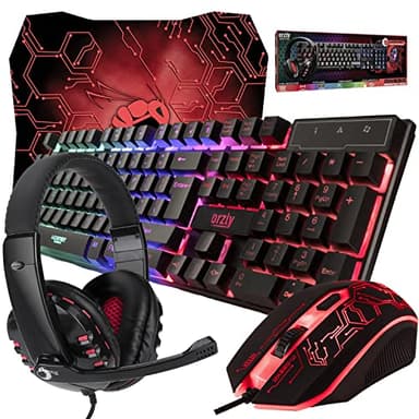 Orzly Tastatur Maus Set Gaming RX250 4 in 1 PC Pack Combo – RGB Hintergrundbeleuchtung Tastatur [QWERTY UK Layout] und Maus [bis zu 3200 DPI], Gaming Headset & Mauspad großen - für PC, Xbox, PS4