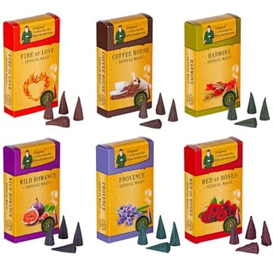 Crottendorfer Räucherkerzen Set mit 6 Düften – Räucherkegel zur Entspannung & Meditation – 144 Cones zum Räuchern Yoga, Pilates, Wellness, Massagen – Made in Germany