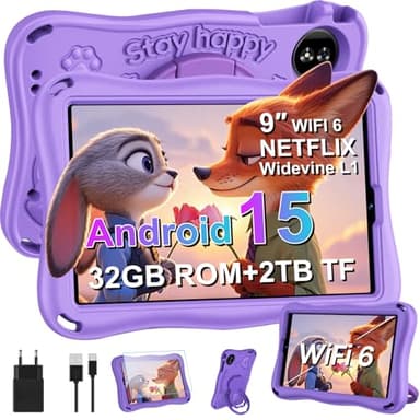 SUAAT 2026 Neuestes Kinder Tablet 9 Zoll Android 15 Kids Tablet Octa Core,12(6+6) GB RAM + 32GB ROM, 5G+2,4G WiFi,GMS,Widevine L1,BT 5.0,5000 MAh, AI,SD-Kartenunterstützung, Eva-Schutzhülle – Lila