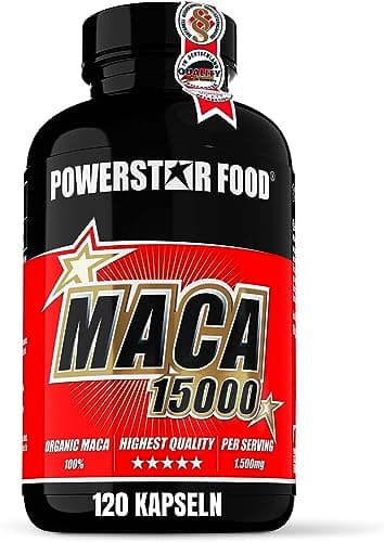 Powerstar MACA 15000 – Hochdosierte Bio Maca Kapseln | Mit reinem Bio-Maca-Wurzel-Extrakt (20:1) und Vitamin C | 120 Maca Root Kapseln für Libido, Energie & Sport – 2-Monats-Vorrat | Made in Germany