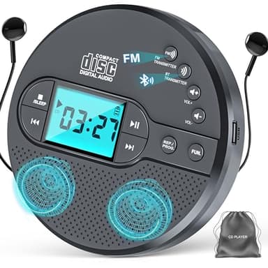 Discman-CD-Player mit Bluetooth-FM-Transmitter, Kopfhörern, LCD-Bildschirm, AUX, integriertem Lautsprecher, USB-Anschluss, 2000mAh wiederaufladbarer CD-Player tragbarer mit Anti-Skip-Schutz