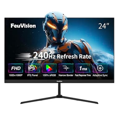 FeuVision 24 Zoll Gaming Monitor, 240Hz, FHD 1080p, PC Monitor, 1ms, IPS Panel, FreeSync, Adaptive-Sync, VESA montierbar, Eye-Care, 100% sRGB, Rahmenlos Bildschirm, HDMI*1, DP*1