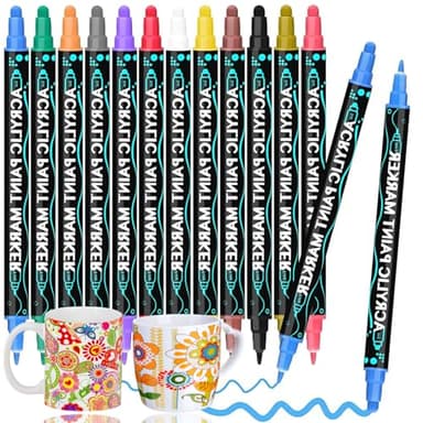 AMSNINK Porzellanstifte Spülmaschinenfest, 12 Farben Doppelspitzige Acrylmarker, Keramik Bemalen Set Für Teller, Glas Und Tassen, Ideal Für Diy-Projekte Und Kunstunterricht