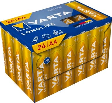 VARTA Batterien AA, 24 Stück, Longlife, Alkaline, 1,5V, Cube, ideal für Fernbedienungen, Wecker, Radios, Wanduhren, Verpackung zu 90% recycelt, Made in Germany