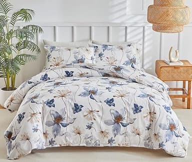 Wajade Bettdecke 220x240 ohne Bezug 4 Jahreszeiten Grau Blumen Steppdecke mit 2 Kissenbezug 80x80cm Warme Schlafdecke Waschbar Ganzjahresdecke