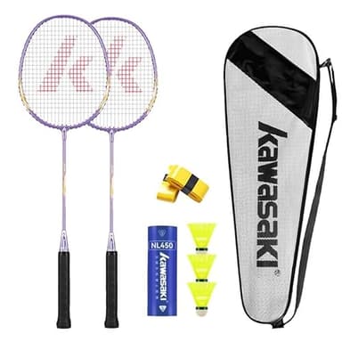 Kawasaki Badminton Schläger Set 2, Leichtgewicht Profi Badmintonschläger mit 3 Federbälle, 1 Schlägertasche, 2 Federballschläger für Sport und Unterhaltung - Lila